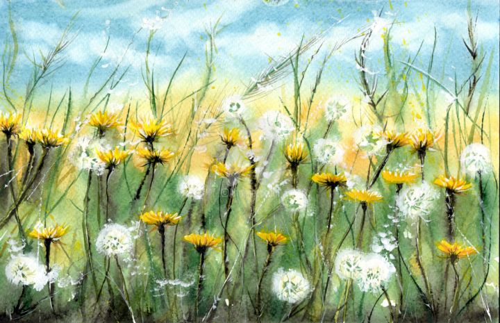 Painting titled "Dandelions" by Melanie Kempkes, Original Artwork, Watercolor