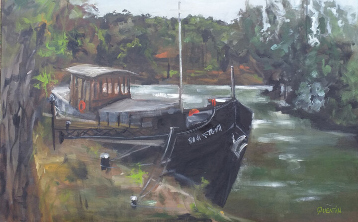 Painting titled "Péniche à Samois" by Melanie Quentin, Original Artwork, Oil Mounted on Wood Stretcher frame