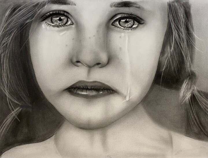 Pittura intitolato "Crying girl" da Melart, Opera d'arte originale, Carbone