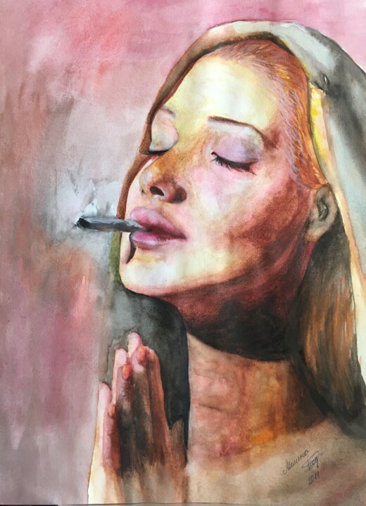 Картина под названием "Молитва" - Melina Abdrashitova, Подлинное произведение искусства, Акварель Установлен на Стекло