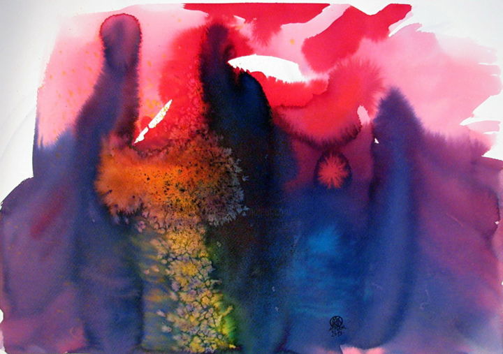 Pintura intitulada "Forest Sunset" por Melinda Torok, Obras de arte originais, Aquarela