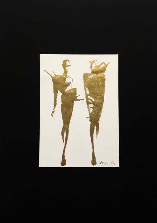 Painting titled "Two golden figurine…" by Mélique Street, Original Artwork, Ink