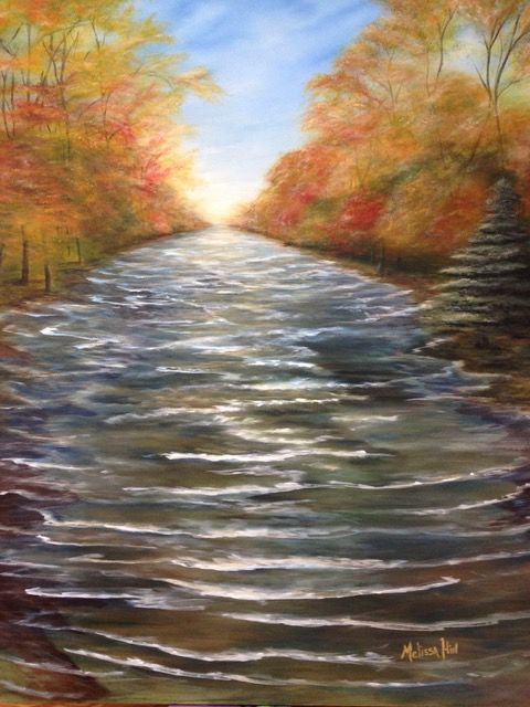 Painting titled "Autumn River" by Melissa Hin, Original Artwork, Oil