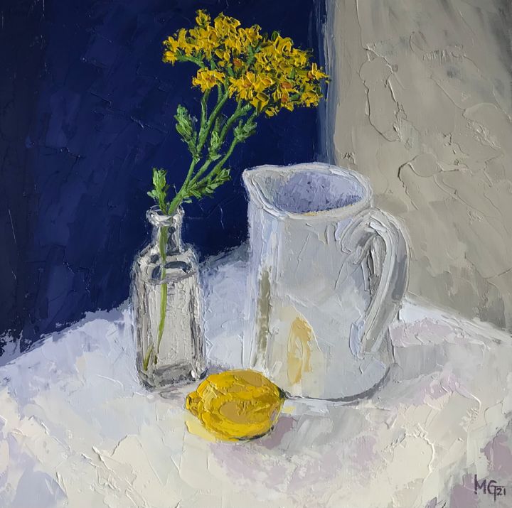 Painting titled "White Jug with Lemon" by Melissa Gee, Original Artwork, Oil Mounted on Cardboard
