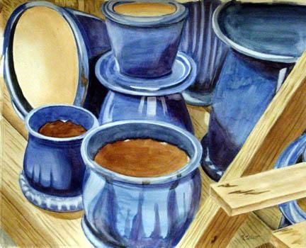 Painting titled "Blue Pots" by Marsha Elliott, Original Artwork