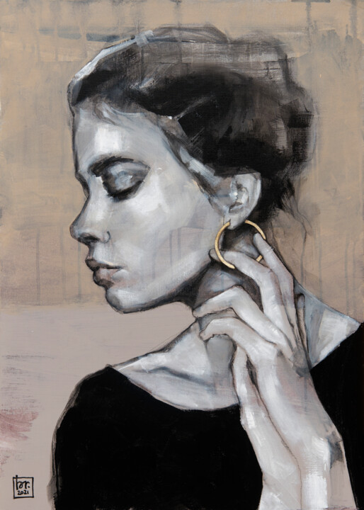 Painting titled "Girl with gold earr…" by Bruno Mellis, Original Artwork, Acrylic
