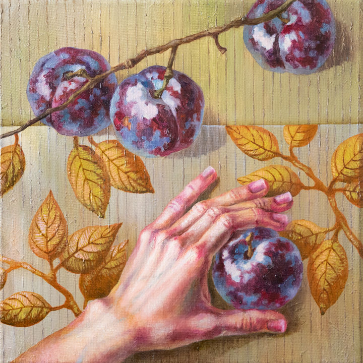 Schilderij getiteld "Four plums" door Maria Meltsaeva, Origineel Kunstwerk, Olie Gemonteerd op Frame voor houten brancard