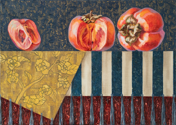Painting titled "Fuyu persimmon on b…" by Maria Meltsaeva, Original Artwork, Oil Mounted on Wood Stretcher frame