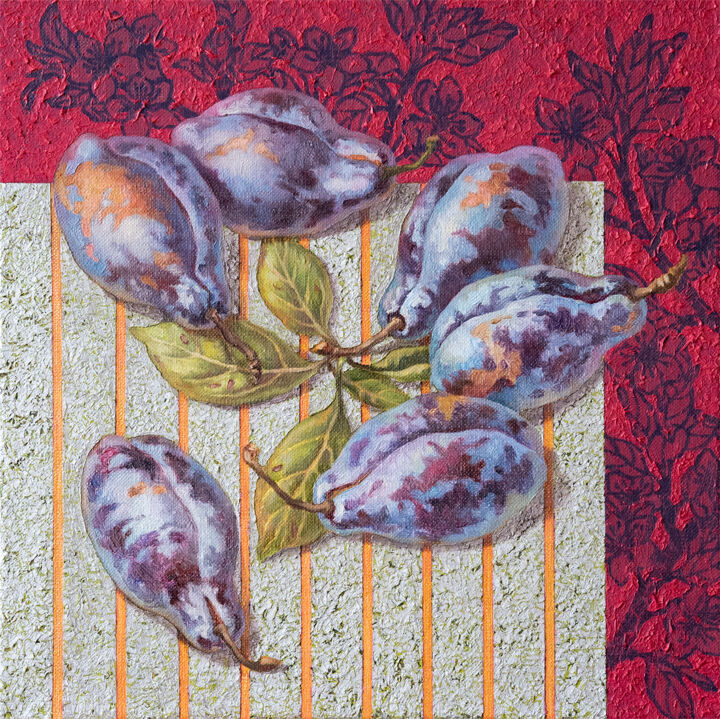 Painting titled "Plums with leaves o…" by Maria Meltsaeva, Original Artwork, Oil Mounted on Wood Stretcher frame