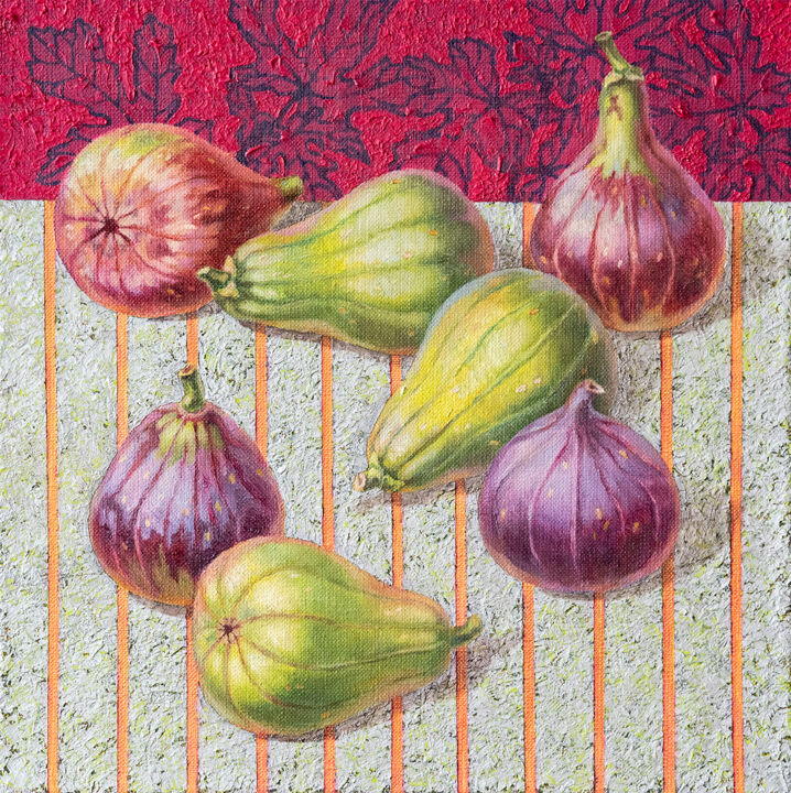 Painting titled "Figs on silver tabl…" by Maria Meltsaeva, Original Artwork, Oil Mounted on Wood Stretcher frame
