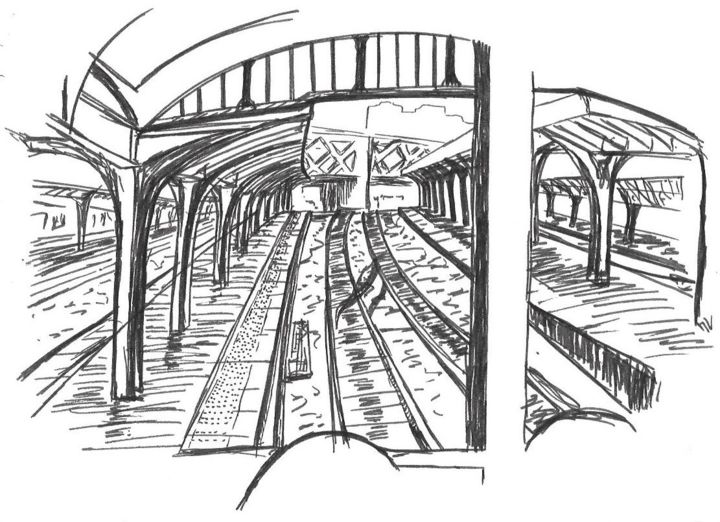 Drawing titled "Rails gare de l'est" by Miguel Madrid-Vertel, Original Artwork, Marker