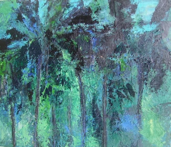 Painting titled "Floresta verde blue" by Maria Emilia Amaral, Original Artwork, Oil