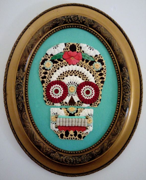 Текстильное искусство под названием "Mexican Skull" - Memória Viva, Подлинное произведение искусства, вышивка Установлен на…