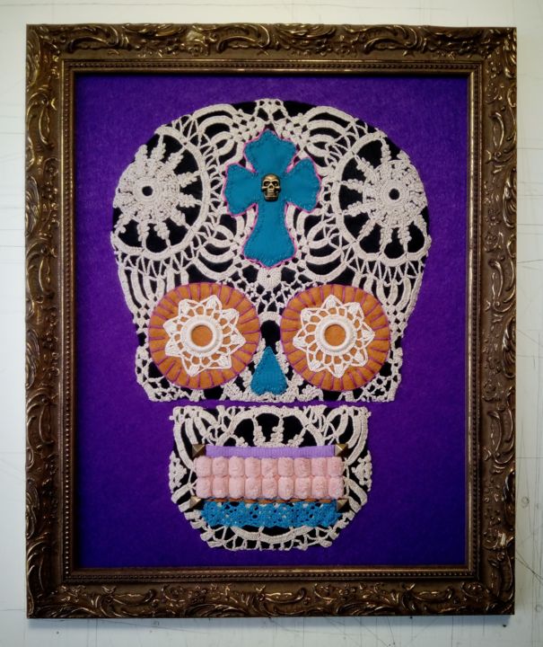 Текстильное искусство под названием "MexicanSkull" - Memória Viva, Подлинное произведение искусства, вышивка Установлен на Д…