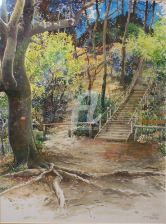 Peinture intitulée "Les escaliers du Pi…" par Memto, Œuvre d'art originale, Aquarelle