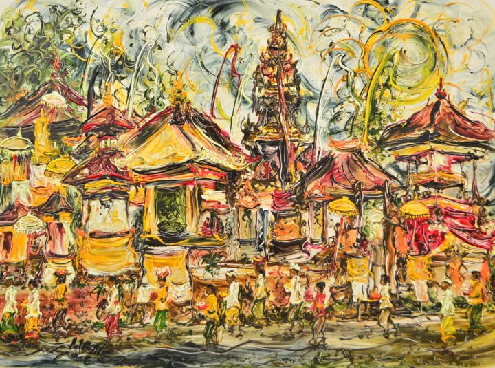 Peinture intitulée "Balinese Ceremony (…" par Men Sagan, Œuvre d'art originale, Huile