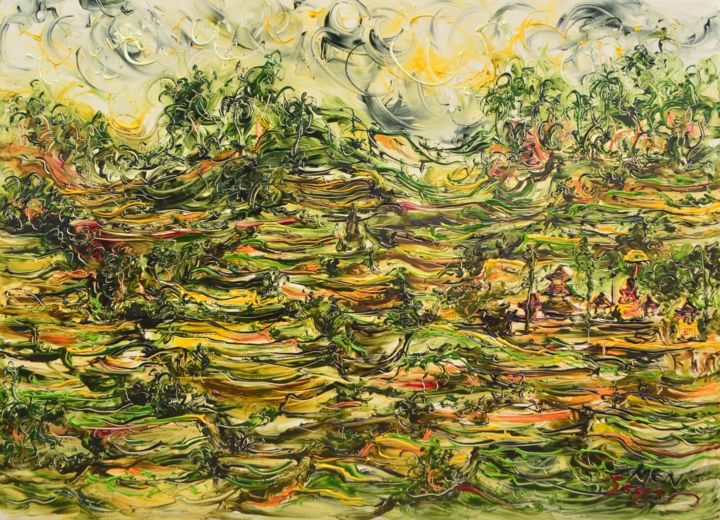 Peinture intitulée "Balinese Rice Terra…" par Men Sagan, Œuvre d'art originale, Huile