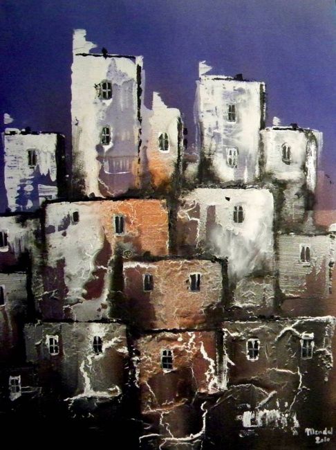 Painting titled "Downtown Catalunya 2" by Mendelart, Original Artwork, Oil