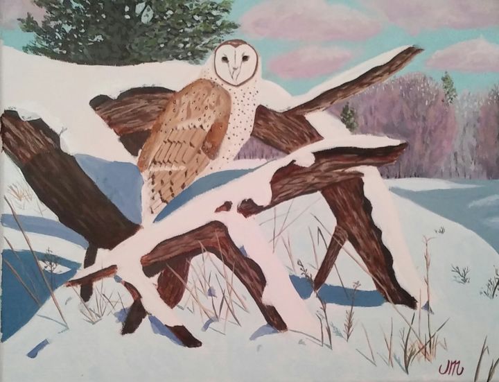 Картина под названием "Barn owl sunrise" - Mendoza Fine Arts, Подлинное произведение искусства, Акрил