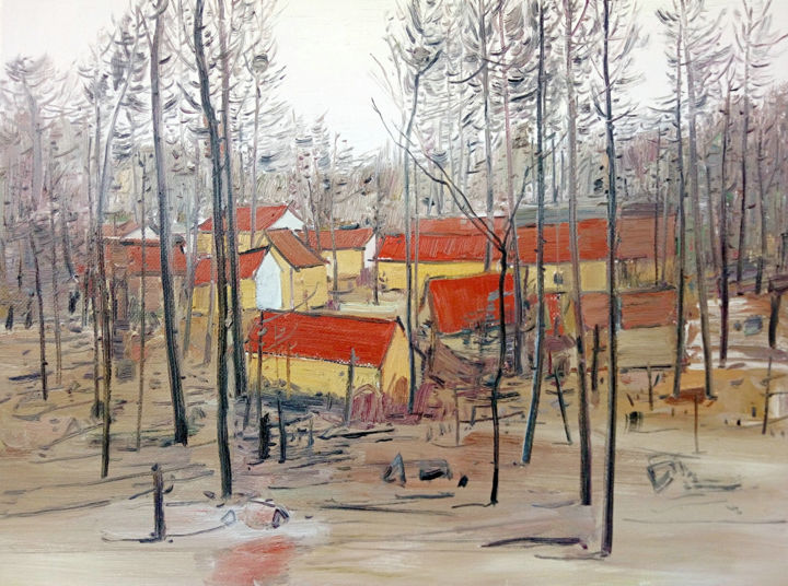 Painting titled "Red House" by Mengmeng Yue, Original Artwork, Oil