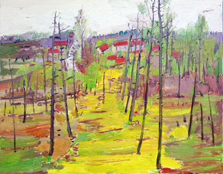 Painting titled "Red House (2)" by Mengmeng Yue, Original Artwork, Oil