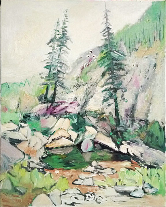 Painting titled "Pine Stone" by Mengmeng Yue, Original Artwork, Oil