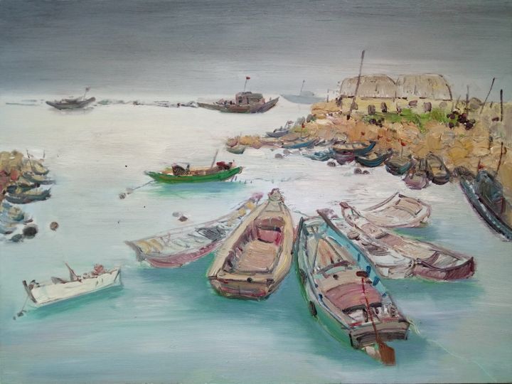 Malerei mit dem Titel "Mall Fishing Port" von Mengmeng Yue, Original-Kunstwerk, Öl