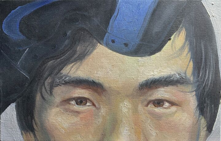Peinture intitulée "Sneaker head" par Mengyu Wang, Œuvre d'art originale, Huile