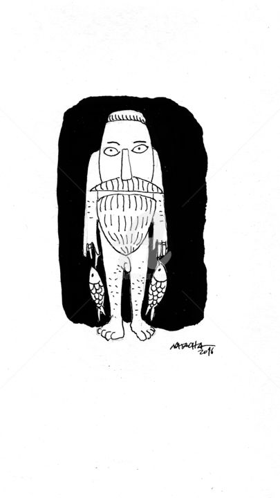 Dibujo titulada "adam-with-fish" por Meninapatchwork, Obra de arte original