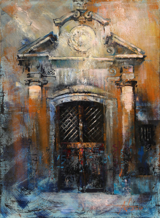 Картина под названием "DOOR # FIFTEENTH" - Anatoliy Menkiv, Подлинное произведение искусства, Масло Установлен на Деревянная…