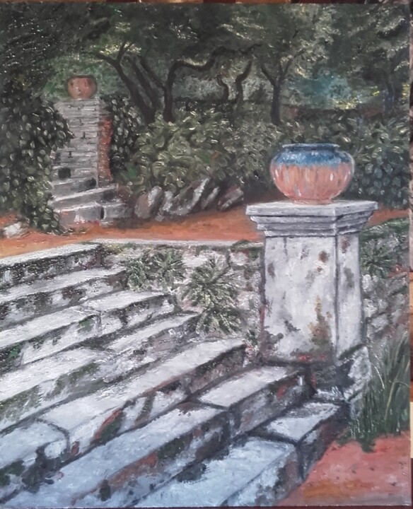 Картина под названием "L'escalier du Châte…" - Sylvia Leroy, Подлинное произведение искусства, Масло