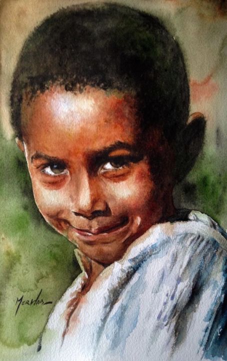 Ζωγραφική με τίτλο "The Angel's Smile" από Merhab., Αυθεντικά έργα τέχνης, Ακουαρέλα