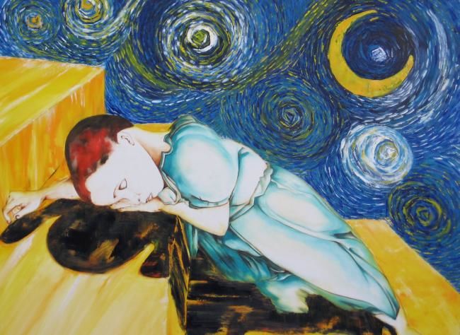 Peinture intitulée "Petite fille aux al…" par Meriame Mezgueldi, Œuvre d'art originale,