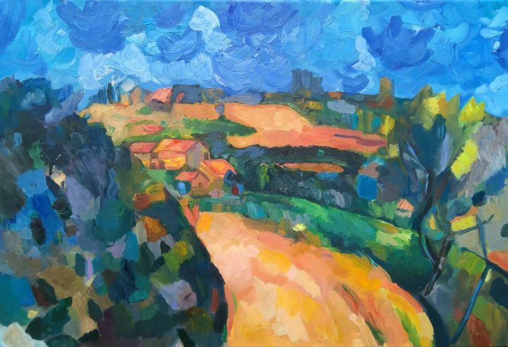 Pittura intitolato "Cezanne-Curva della…" da Merite Progni, Opera d'arte originale, Olio