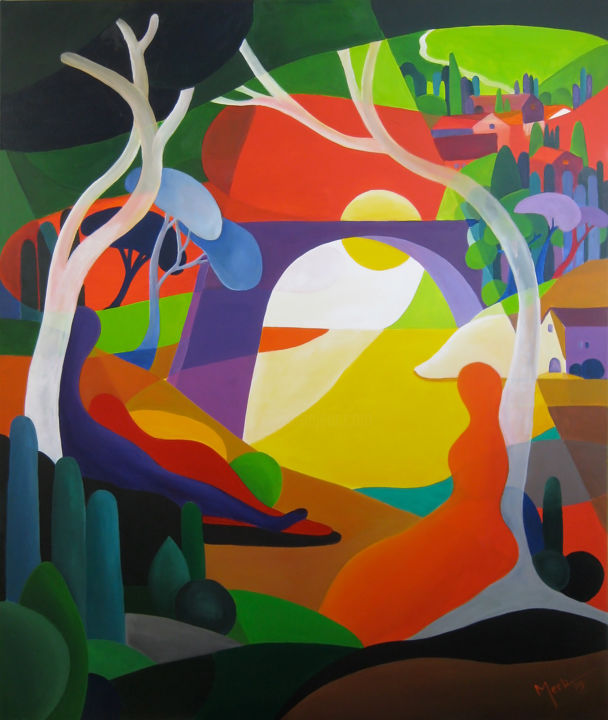 Malerei mit dem Titel "Bukolische Szene" von Brigitte Thonhauser-Merk, Original-Kunstwerk, Acryl