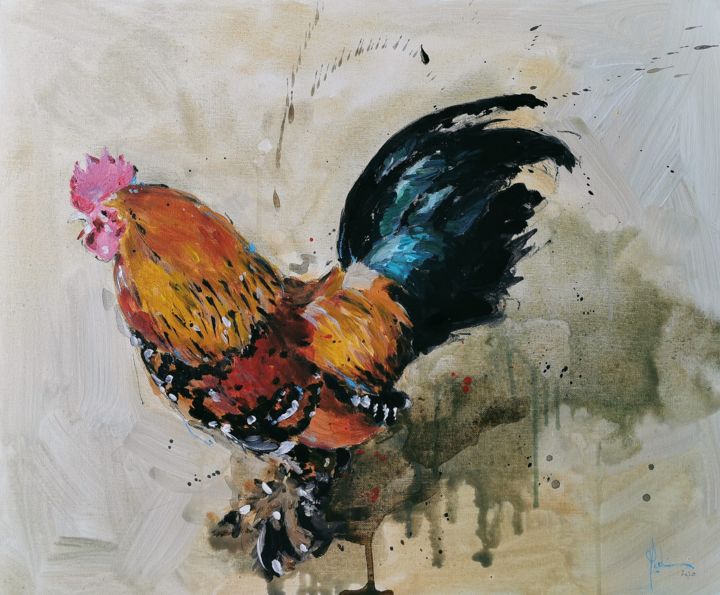 Peinture intitulée "COQ DES CAMPAGNES" par Merlin, Œuvre d'art originale, Acrylique