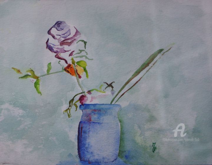 Painting titled "La rose" by Mersali Fadi, Original Artwork, Watercolor