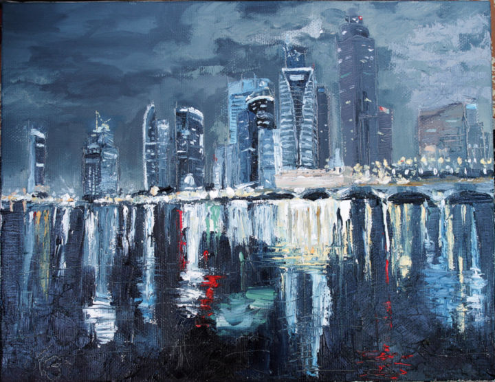 Картина под названием "Ночной мегаполис" - Катерина Лебедева, Подлинное произведение искусства, Масло