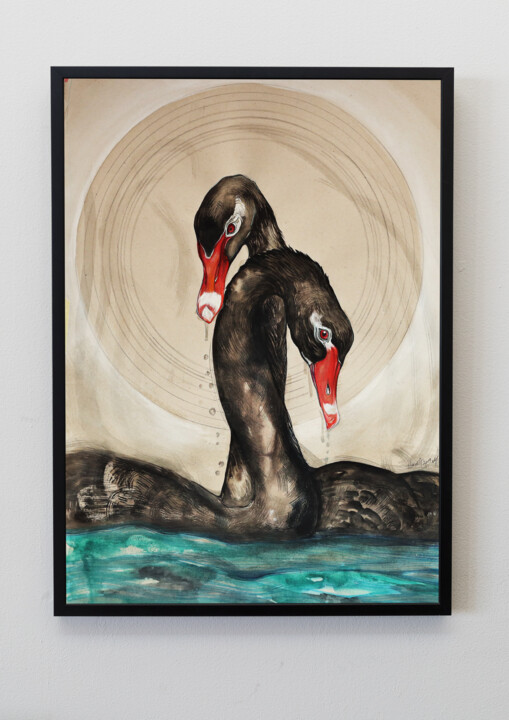Peinture intitulée "''21'' - BLACK SWAN" par Merve Gürlek, Œuvre d'art originale, Aquarelle