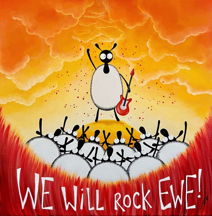 Painting titled "We Will Rock Ewe!" by Mervyn Tay, Original Artwork, Acrylic Mounted on Wood Stretcher frame
