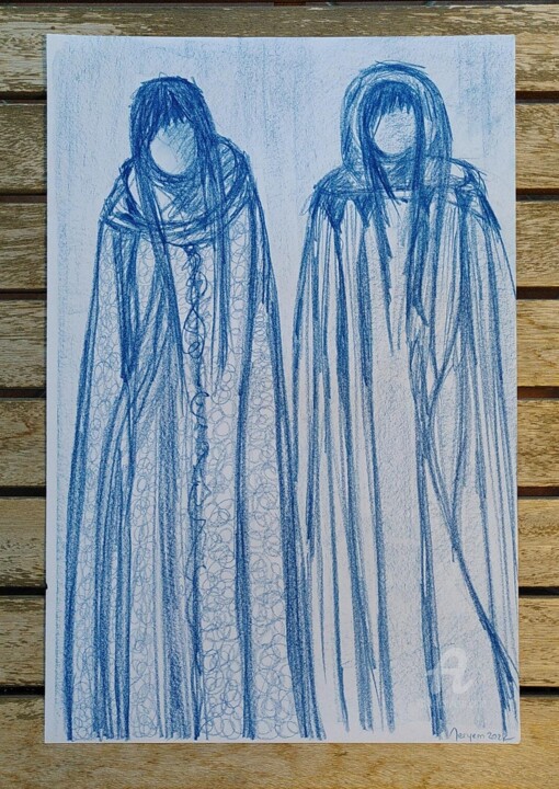 Dessin intitulée "Sœurs des étoiles" par Meryem, Œuvre d'art originale, Graphite