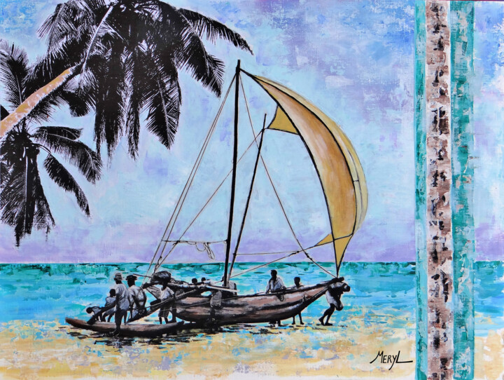 "Retour de pêche" başlıklı Kolaj Meryl tarafından, Orijinal sanat, Akrilik