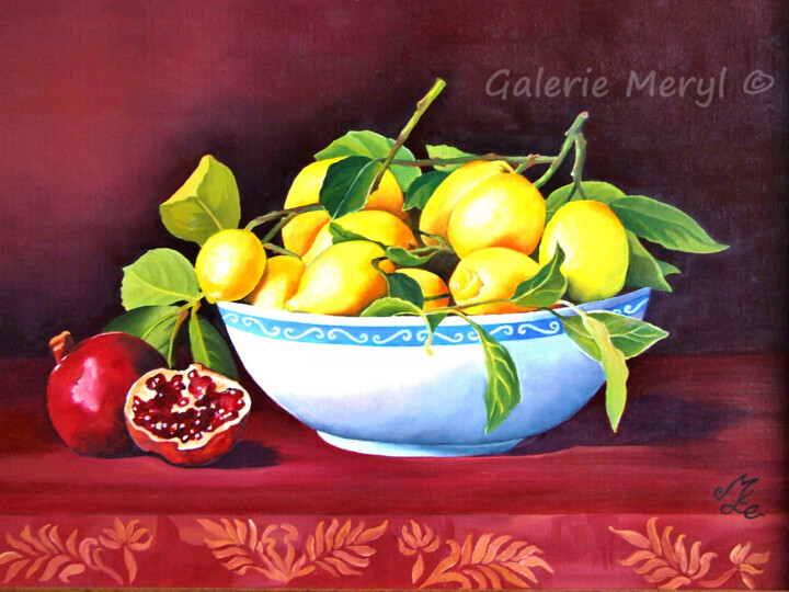 Painting titled "Coupelle de citrons" by Meryl, Original Artwork, Oil