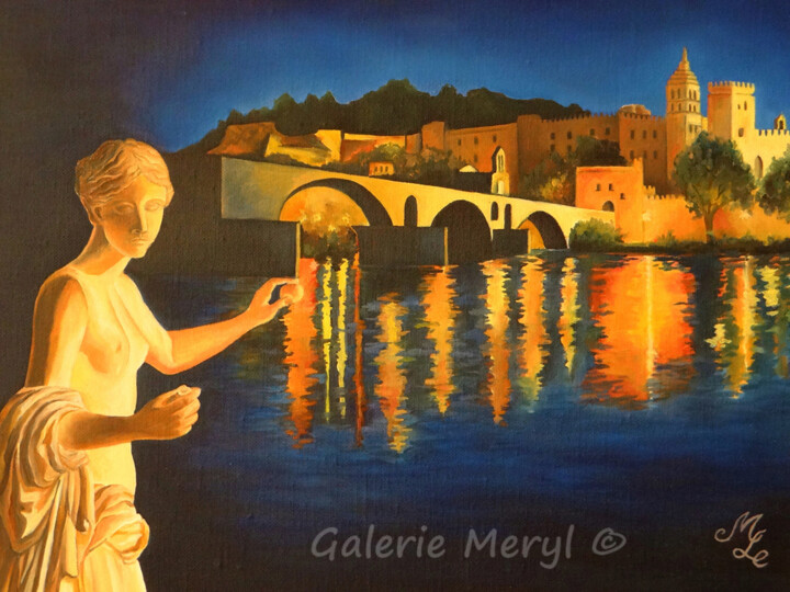 Painting titled "Avignon by night" by Meryl, Original Artwork, Oil