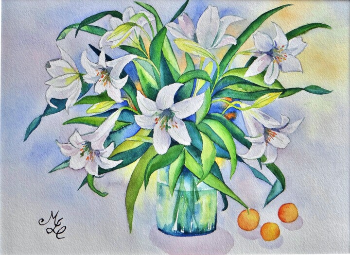 Painting titled "Parfums de lys" by Meryl, Original Artwork, Watercolor