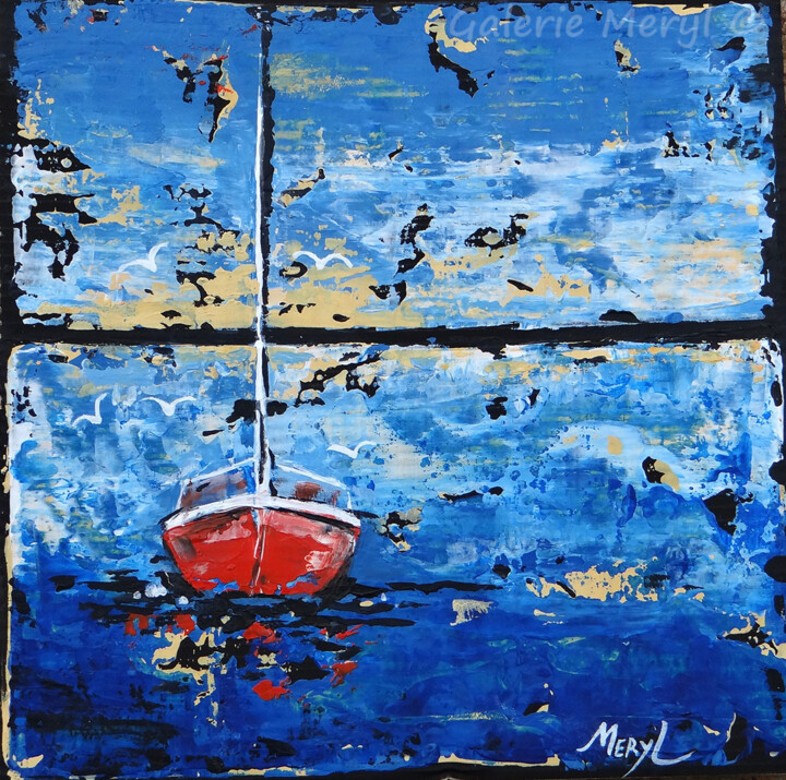 Peinture intitulée "Voilier rouge en mer" par Meryl, Œuvre d'art originale, Acrylique
