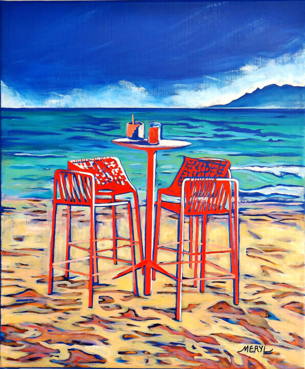 Painting titled "Drink on the beach" by Meryl, Original Artwork, Acrylic