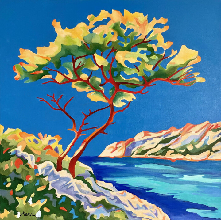 Painting titled "Côté calanque" by Meryl, Original Artwork, Oil Mounted on Wood Stretcher frame