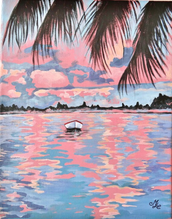 Painting titled "Crépuscule sur la m…" by Meryl, Original Artwork, Acrylic