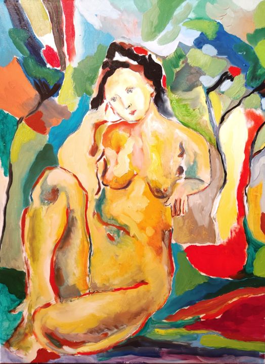 Pintura intitulada ""Seated nude and co…" por Suren Mesropyan, Obras de arte originais, Óleo Montado em Armação em madeira